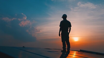Technology solar cell, Engineer service check installation solar cell on the roof of factory on the morning. Silhouette technician inspection and repair solar cell on the roof of factory
