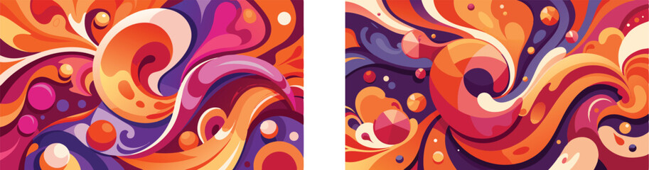 Vector art of two vibrant abstract swirls of orange, purple, and pink paint, isolated on transparent background