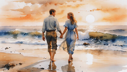 Watercolor drawing of a couple in love holding hands and walking along the ocean shore at sunset. Concept of love, relationships