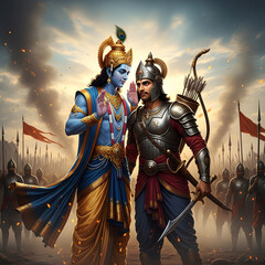 Obraz premium Krishna instructing arjuna before the battle a digital illustration of the mahabharata epic