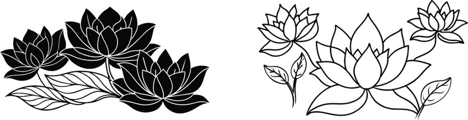 Vector art of set of elegant black and white lotus flower line art illustrations, isolated on transparent background