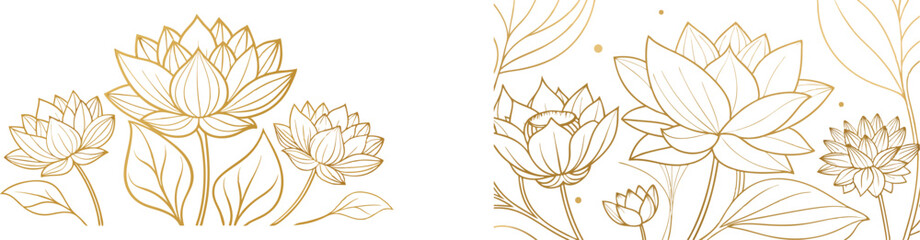 Vector art of set of elegant golden lotus flower line art illustrations, isolated on transparent background