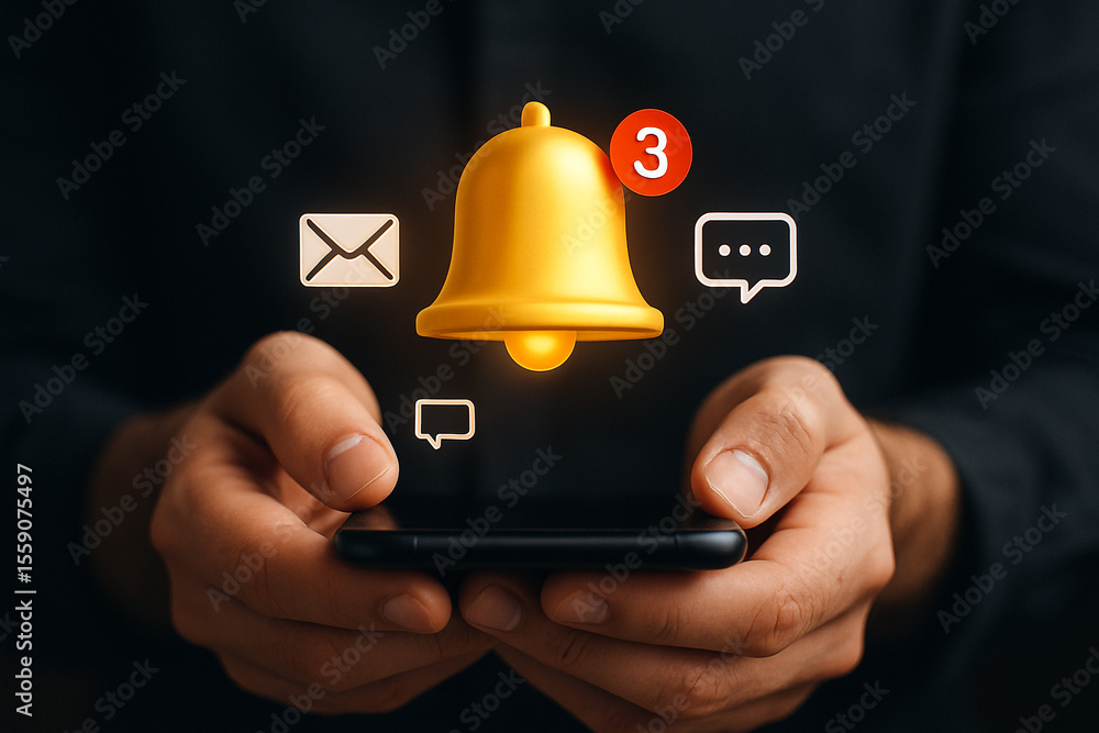 Poster person holding phone with bell notification and message icons floating above the device screen