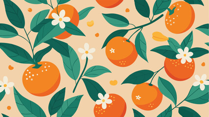 Vector art of a seamless pattern of fresh oranges with white flowers and green leaves isolated on transparent background