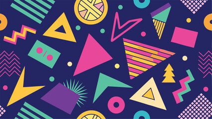 Vector art of a vibrant and playful seamless geometric pattern with bold shapes and bright colors isolated on transparent background