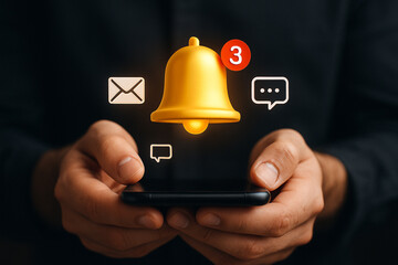 Person holding phone with bell notification and message icons floating above the device screen