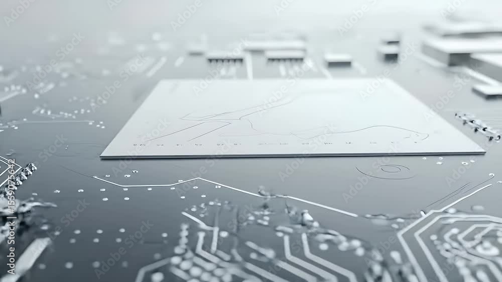 Poster monochrome circuit board microchip close up render with geometric details