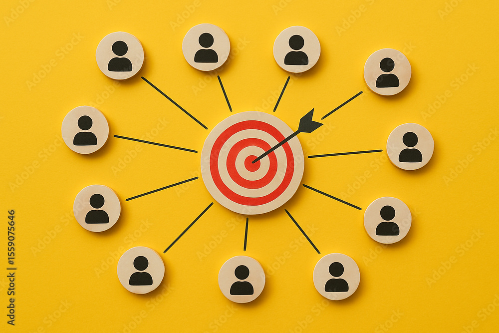 Poster target with arrow and people icons connected by lines on a yellow background representing teamwork c