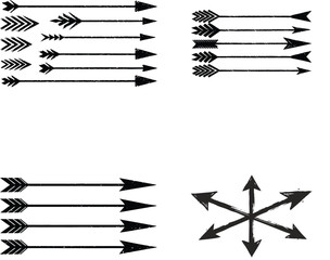 Vector art of a set of five different arrow designs, including horizontal rows and a starburst, isolated on transparent background