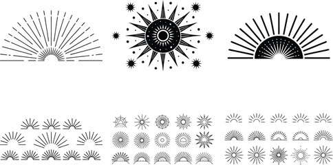 Vector art of a collection of sunburst and starburst vector graphics isolated on transparent background, perfect for logo design and branding