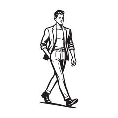 Confident young man walking in stylish blazer and casual pants vector character illustration