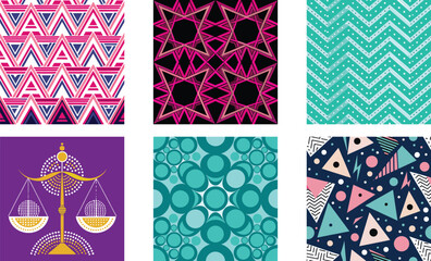 Vector art of set of six vibrant geometric seamless patterns and a libra zodiac sign, isolated on transparent background, ideal for textile and web design