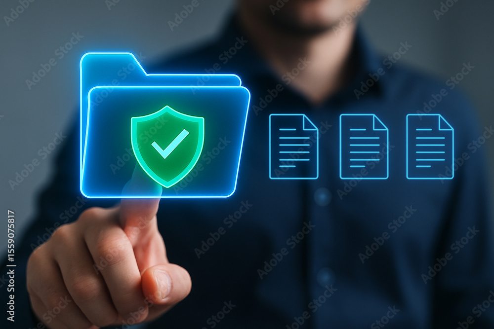 Poster finger touching a digital folder with a green checkmark shield and document icons displayed in blue
