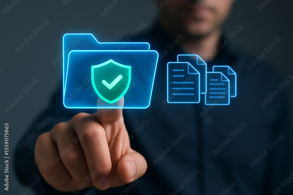 Poster person touching a glowing folder icon with a shield and checkmark next to glowing document icons