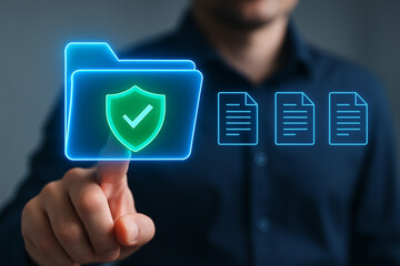 Finger touching a digital folder with a green checkmark shield and document icons displayed in blue