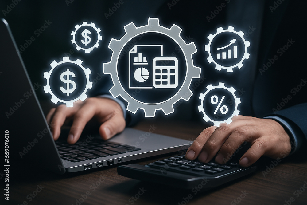 Poster person using laptop and calculator with financial icons floating above the devices on a dark backgro