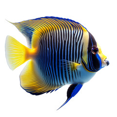 Naklejka premium Vibrant yellow blue and black striped angelfish swimming against a dark background