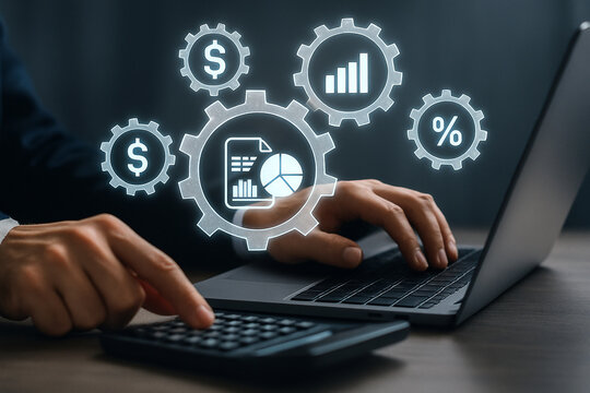 Man using laptop and calculator with financial icons floating above for business analysis work flow process