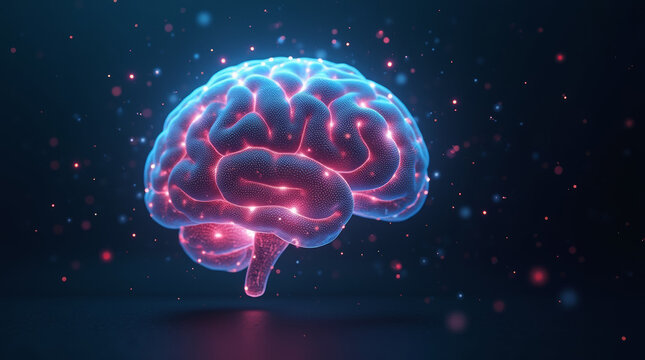 Glowing digital human brain on blue sparkling background