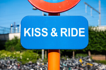 Kiss and ride sign at the railway station of Mechelen, Antwerp Province, Belgium
