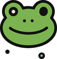 Cartoon frog face with big eyes and a smile, green skin and black outline, cute and friendly illustration