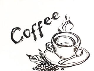 Coffee cup graffiti with black brush paint illustration with coffee written.