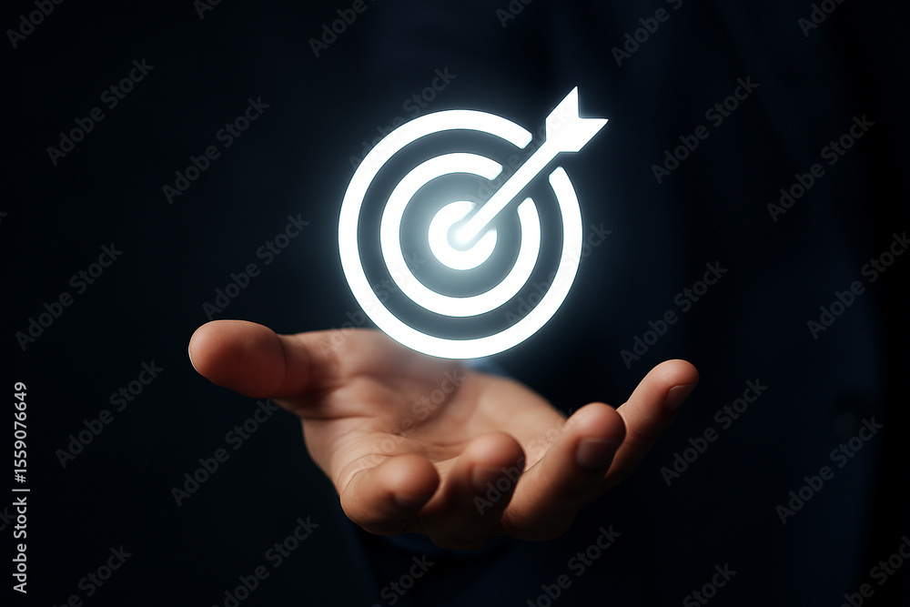 Poster hand holding a glowing target with an arrow in the center on a dark background in a studio shot