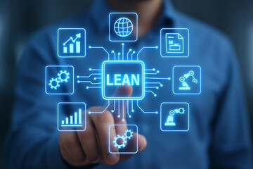 Man pointing at lean management interface with icons representing various business processes