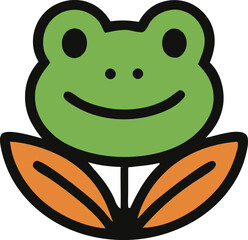 Adorable cartoon frog with a friendly smile and big eyes sitting on lily pads, a charming and simple design for children