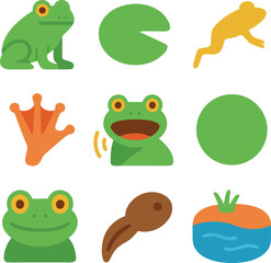 Obraz premium Collection of frog illustrations showing various life stages, poses, and environmental elements in flat design