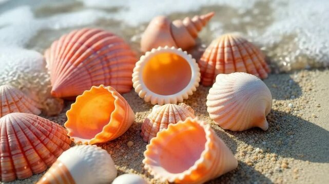 A collection of various seashells on a sandy beach. The shells are in shades of pink and orange, with some partially submerged in water.