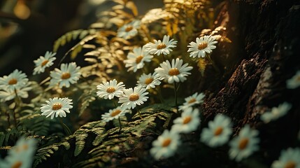 Close-up of chamomile flowers surrounded by shadowed fern and bark pieces in tones of soft green pale yellow and clear tones