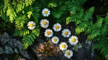 Close-up of chamomile flowers surrounded by shadowed fern and bark pieces in tones of soft green pale yellow and clear tones