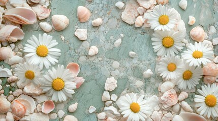 Close-up of chamomile flowers surrounded by stone tiles and tiny shells in tones of pastel peach dusty rose and eucalyptus green