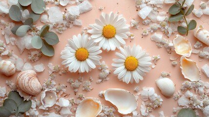 Close-up of chamomile flowers surrounded by stone tiles and tiny shells in tones of pastel peach dusty rose and eucalyptus green