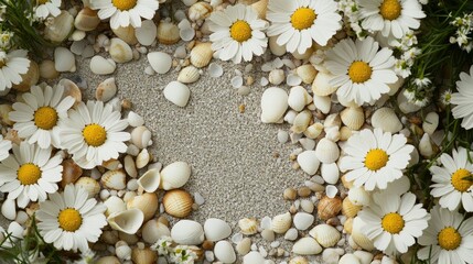 Close-up of chamomile flowers surrounded by stone tiles and tiny shells in tones of olive green wheat and stone white