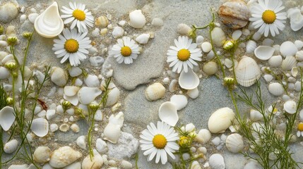 Close-up of chamomile flowers surrounded by stone tiles and tiny shells in tones of olive green wheat and stone white