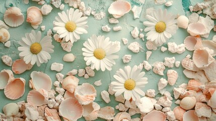 Close-up of chamomile flowers surrounded by stone tiles and tiny shells in tones of pastel peach dusty rose and eucalyptus green