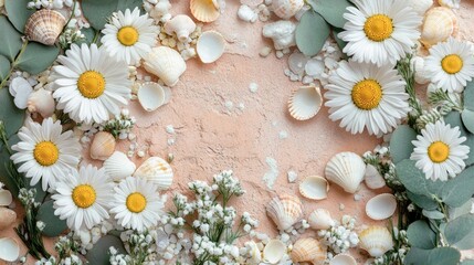 Close-up of chamomile flowers surrounded by stone tiles and tiny shells in tones of pastel peach dusty rose and eucalyptus green