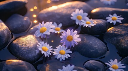 Close-up of chamomile flowers surrounded by sunlight and river stones in tones of deep violet honey and slate grey
