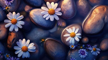 Close-up of chamomile flowers surrounded by sunlight and river stones in tones of deep violet honey and slate grey