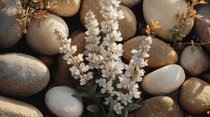 Close-up of clary sage blossoms surrounded by sunlight and river stones in tones of earth brown sage and ivory -