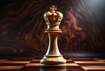  A stunning close-up of a single white king chess piece standing centrally on a chessboard, strikingly illuminated by a spotlight.