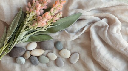 Close-up of clary sage blossoms surrounded by linen cloth and pebbles in tones of pastel peach dusty rose and eucalyptus green