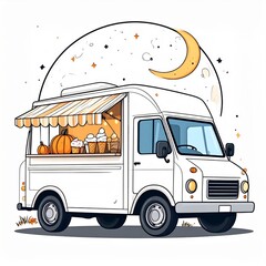 White Food Truck at Night with Autumn Treats