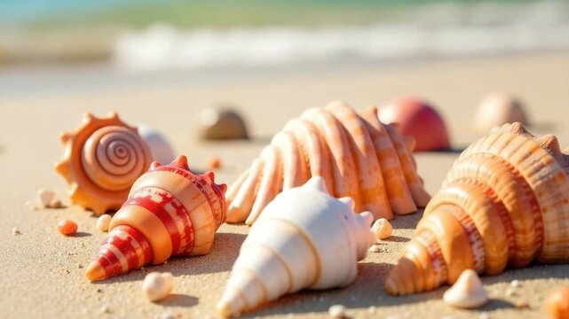 Colorful seashells scattered on a sandy beach. Various shapes and sizes are visible, showcasing intricate patterns and textures. The ocean is blurred in the background.