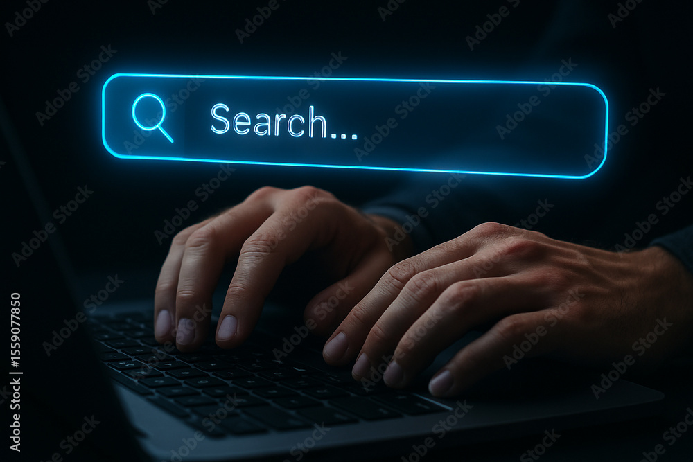 Aufkleber hands typing on laptop keyboard below a neon search bar with search text on a dark background