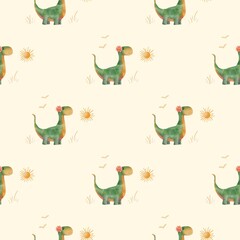 Seamless pattern with dinosaur walking towards sun, birds flying and grass on sand background