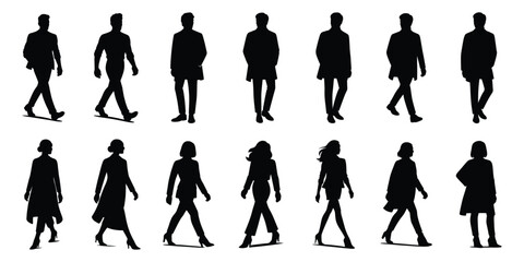 Fashionable male and female figures walking confidently in high fashion silhouette style