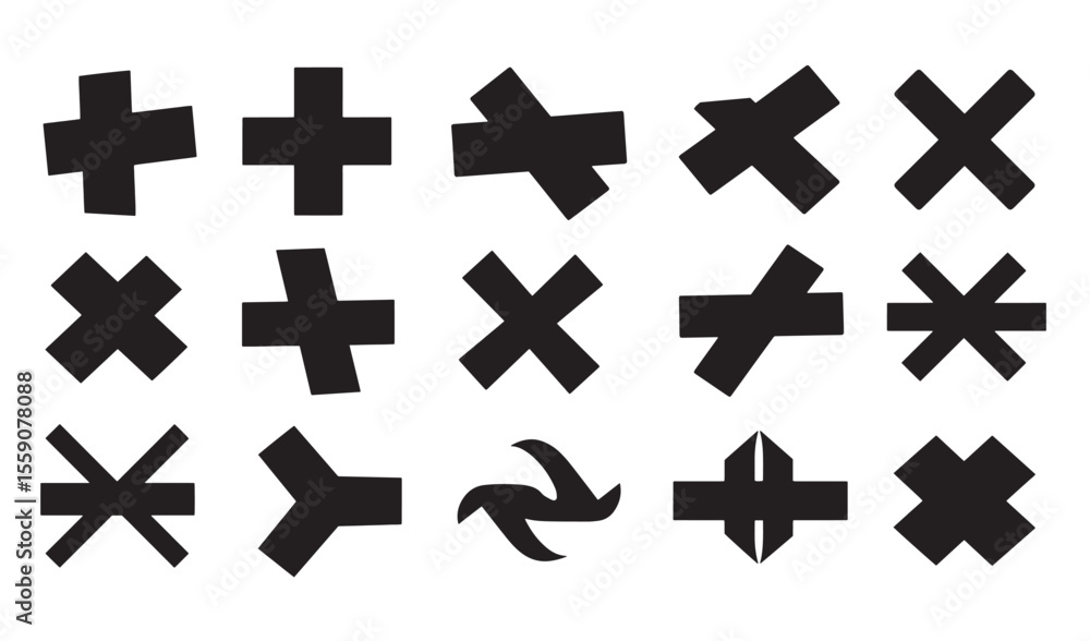 Poster abstract black cross icons and symbol shapes in a set for design elements
